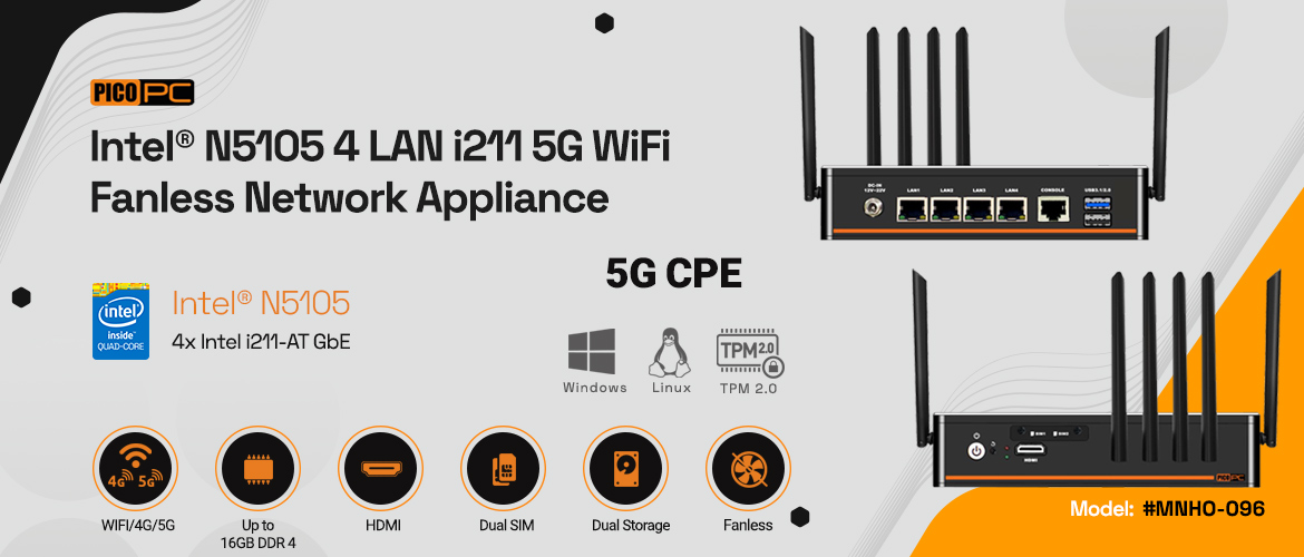 Intel® N5105 4 LAN i211 5G CPE Fanless Network Appliance SD-WAN Security Gateway with TPM