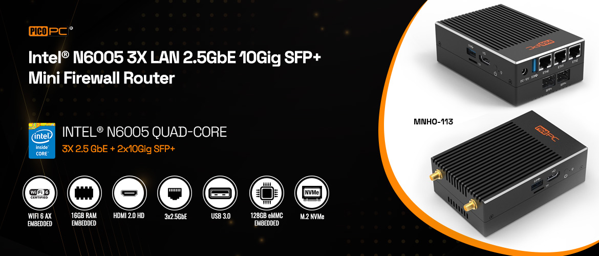 Intel N6005 3 LAN 2.5GbE 10Gig SFP+ Mini Firewall Router with 16GB RAM 128GB Storage WiFi6