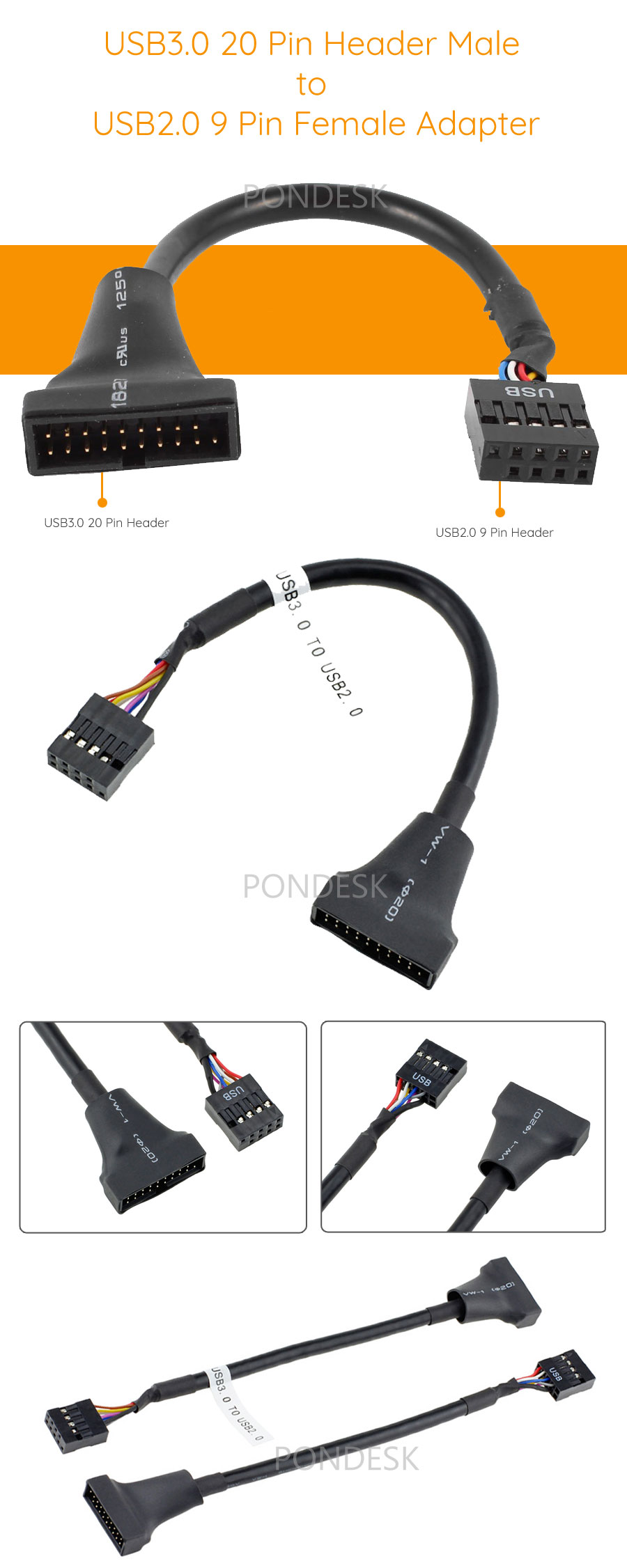 USB3.0 20 Pin Header Male to USB2.0 9 Pin Female Adapter - ABHO-009 | Image