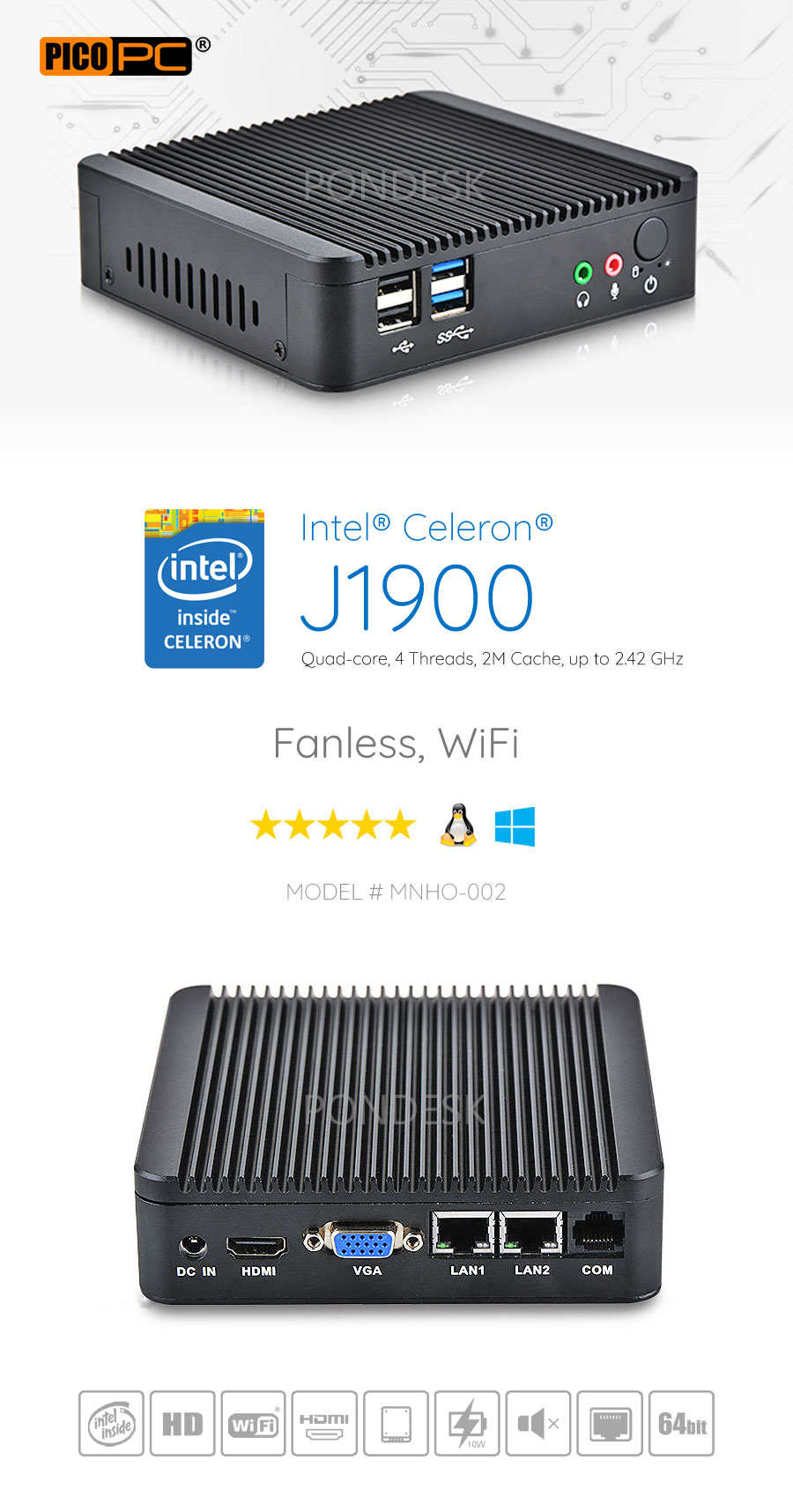 Intel® J1900 2 LAN 1 COM HD Dual Display Fanless Mini PC - MNHO-002 | Image