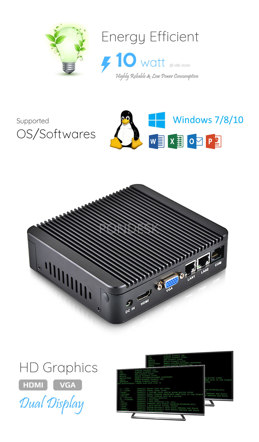 Intel® J1900 2 LAN 1 COM HD Dual Display Fanless Mini PC - MNHO-002 | Image