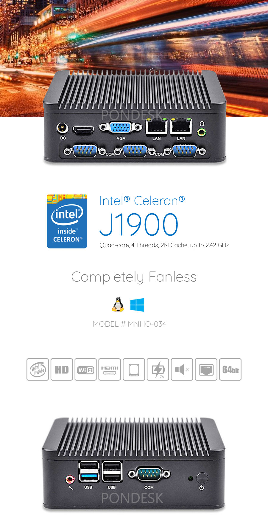 Intel® J1900 HD WiFi 4 COM 2 LAN Fanless Industrial Mini PC - MNHO-034 | Image