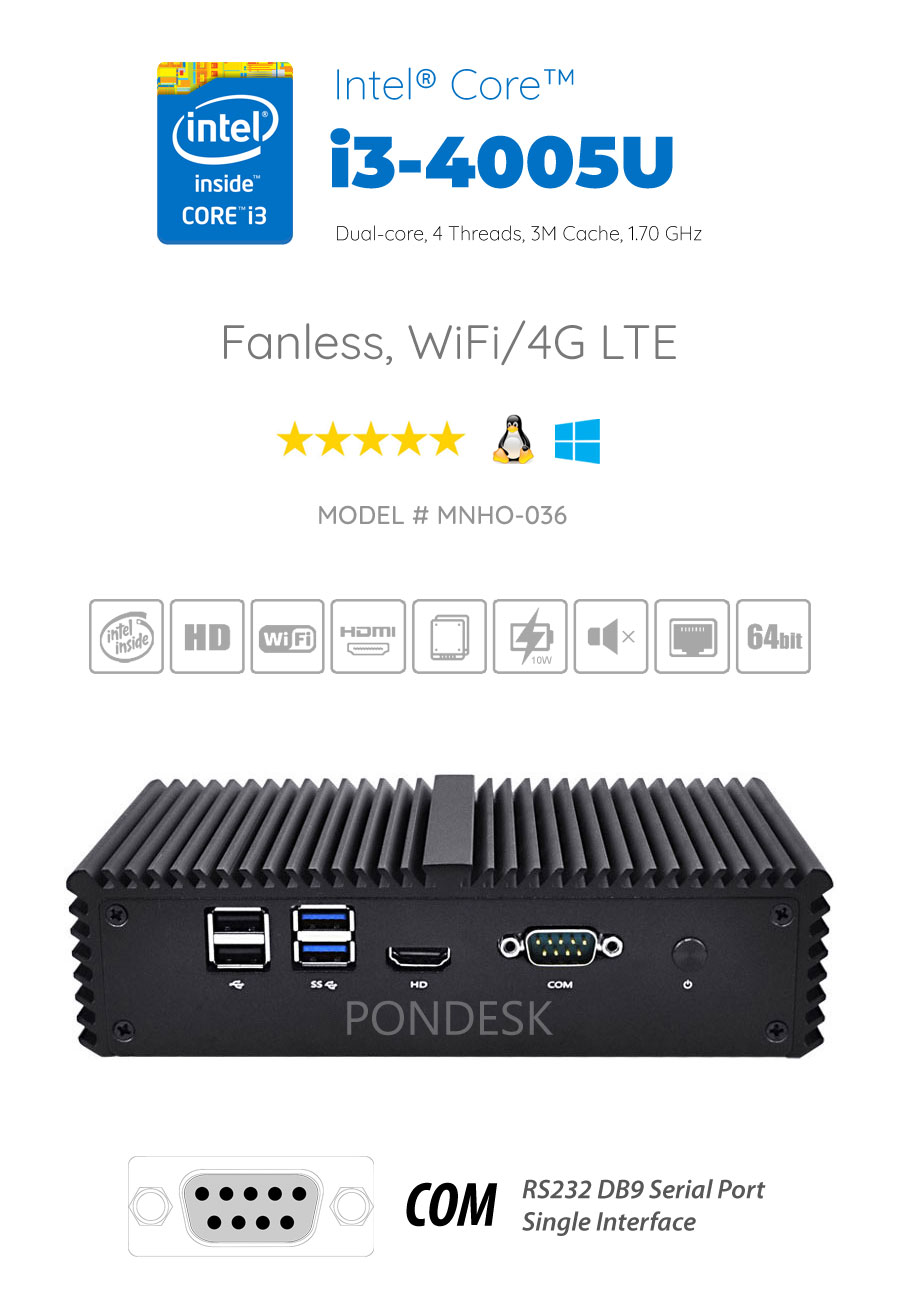Intel® i3-4005U 4 LAN 1 COM WiFi 4G Fanless Firewall Router - MNHO-036 | Image