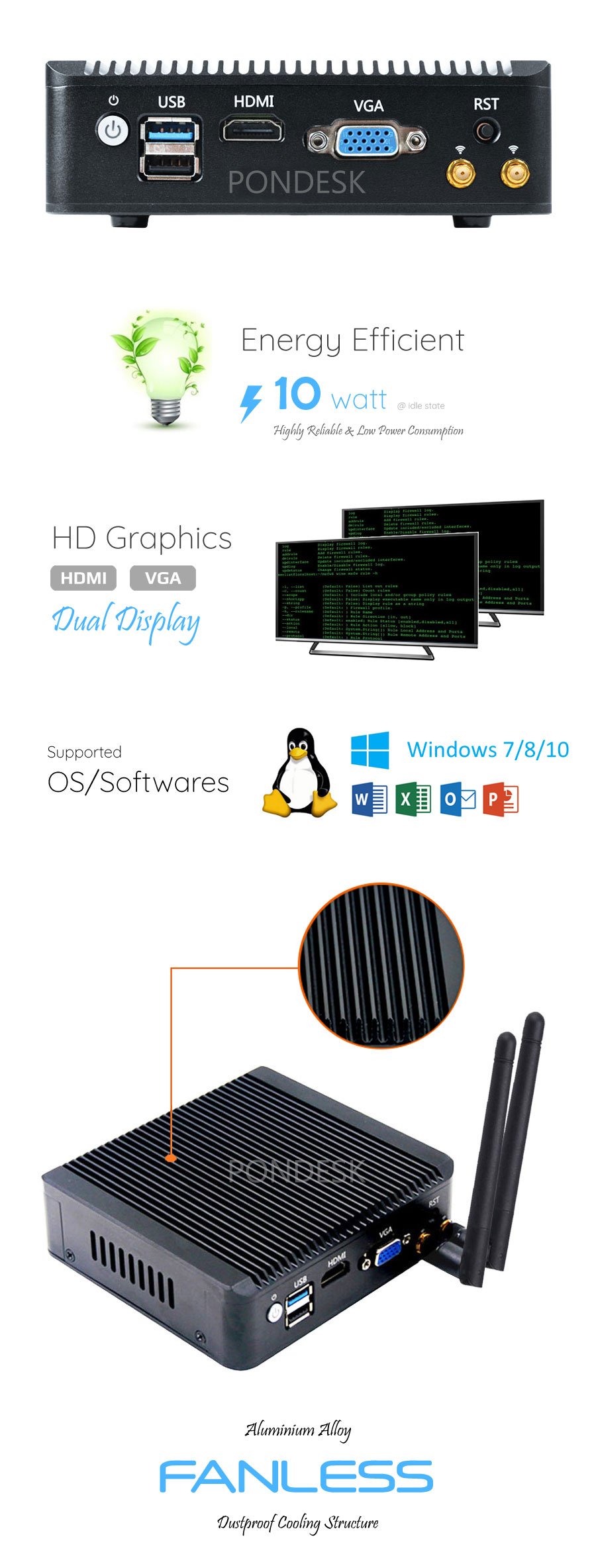 Intel J1900 4 LAN HD Dual Display 4G Fanless Firewall Router - MNHO-043 | Image