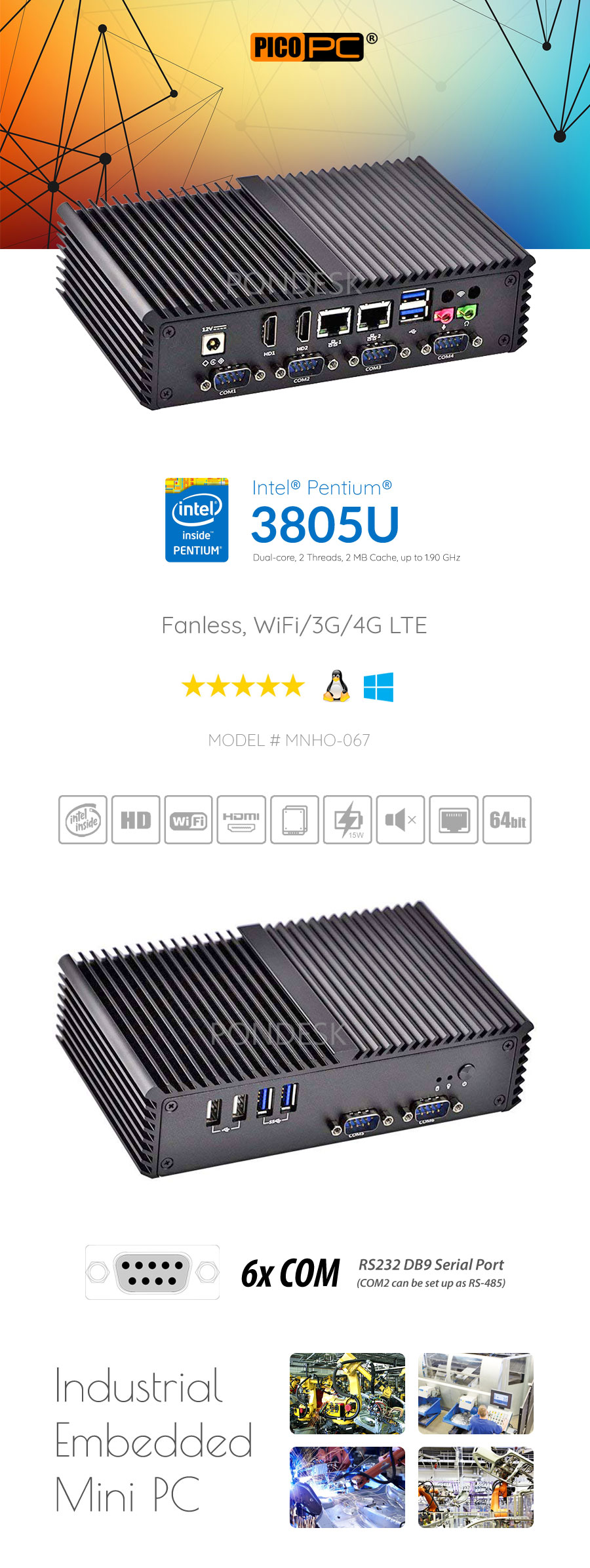 Intel® 3805U WiFi 4G 6 COM 2 LAN Fanless Industrial Mini PC - MNHO-067 | Image