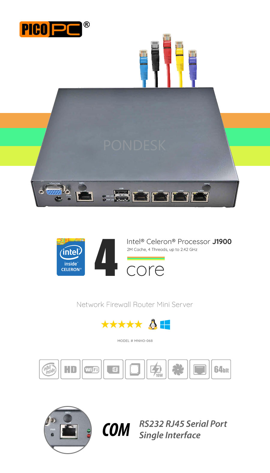 Intel® J1900 4 LAN 1 COM WiFi 4G Firewall Router Mini Server - MNHO-068 | Image