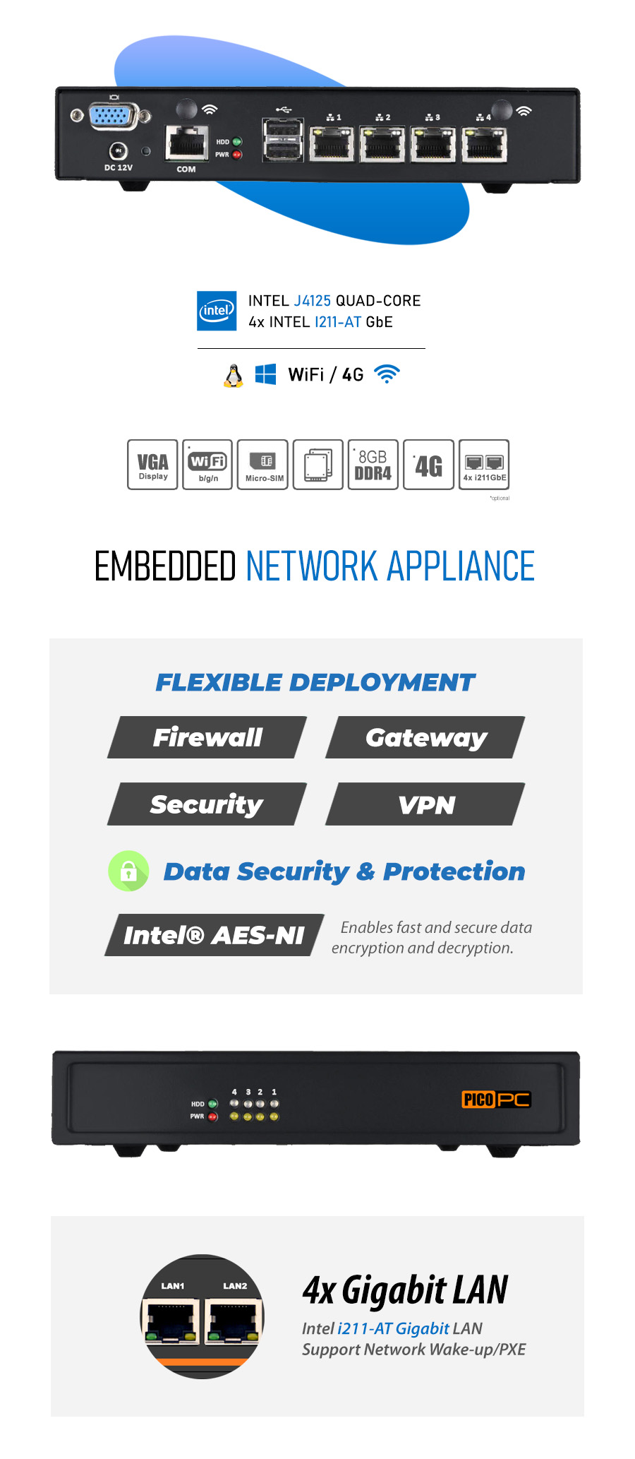 Intel® J4125 4 LAN i211-AT WiFi 4G Firewall Router Mini Network Appliance Security Gateway - MNHO-069 | Image