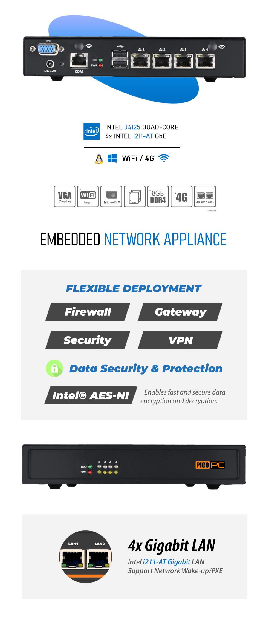 Intel® J4125 4 LAN i211-AT WiFi 4G Firewall Router - MNHO-069 | Image