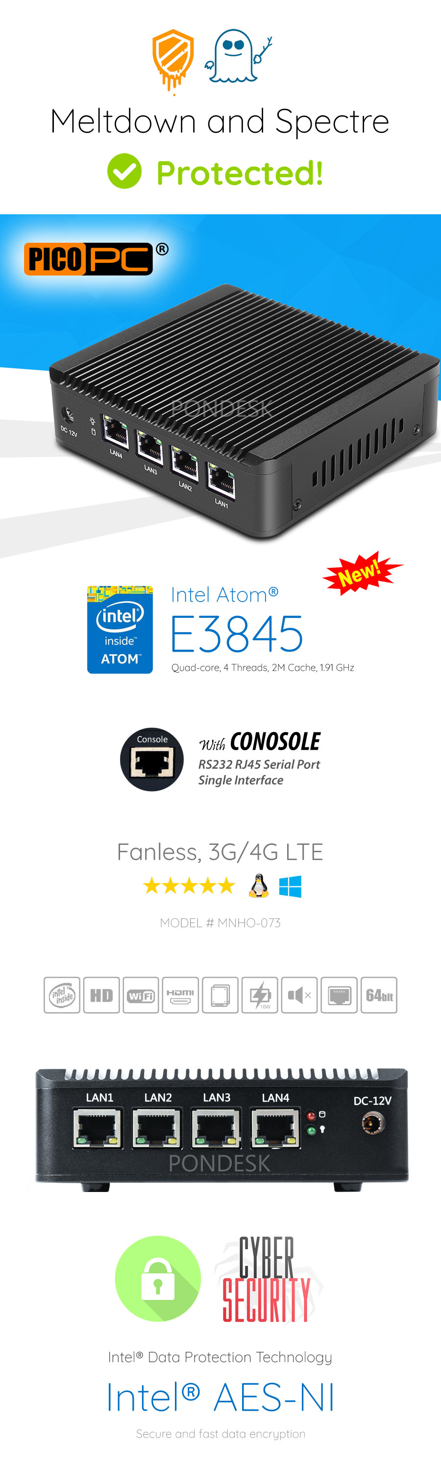 Intel® E3845 4 LAN 1 COM AES-NI 4G Fanless Firewall Router - MNHO-073 | Image