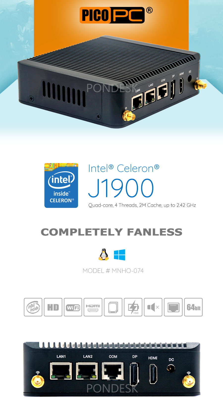 Intel® J1900 2 LAN 1 COM WiFi Dual Display Fanless Mini PC - MNHO-074 | Image