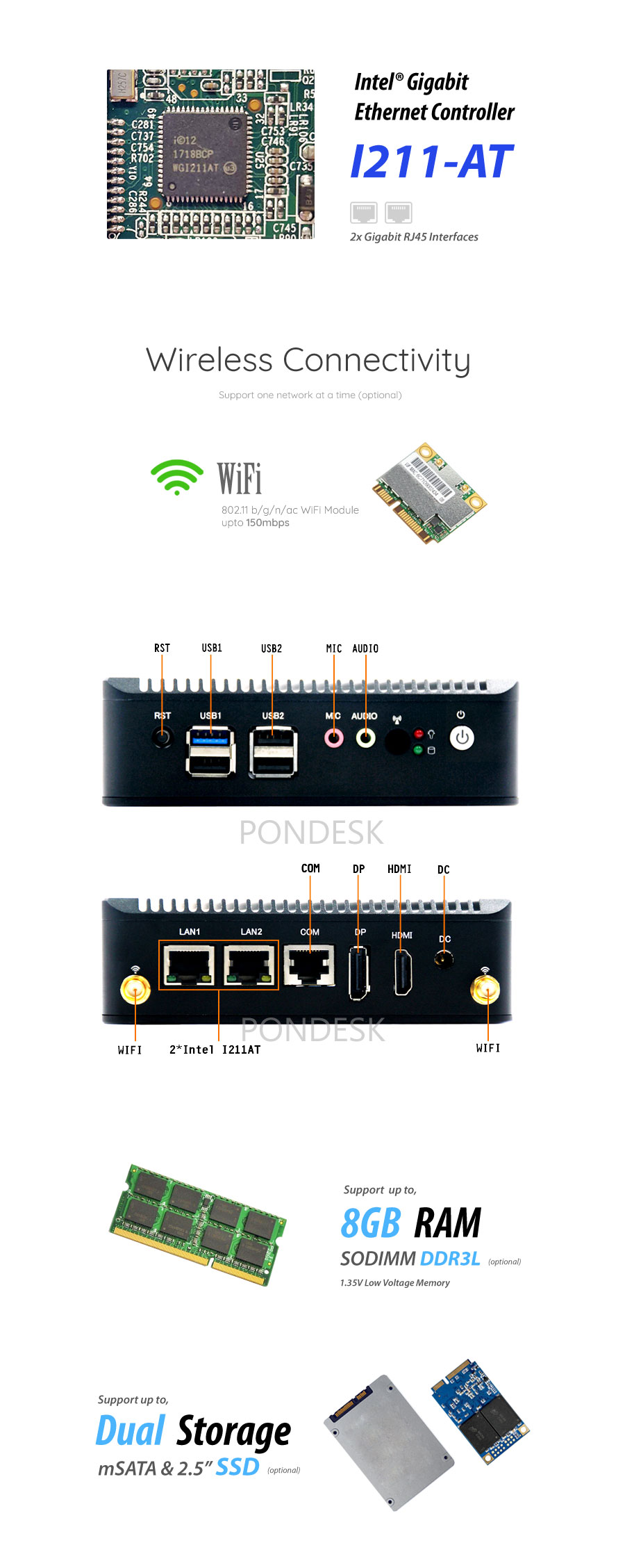 Intel® J1900 2 LAN 1 COM WiFi Dual Display Fanless Mini PC - MNHO-074 | Image