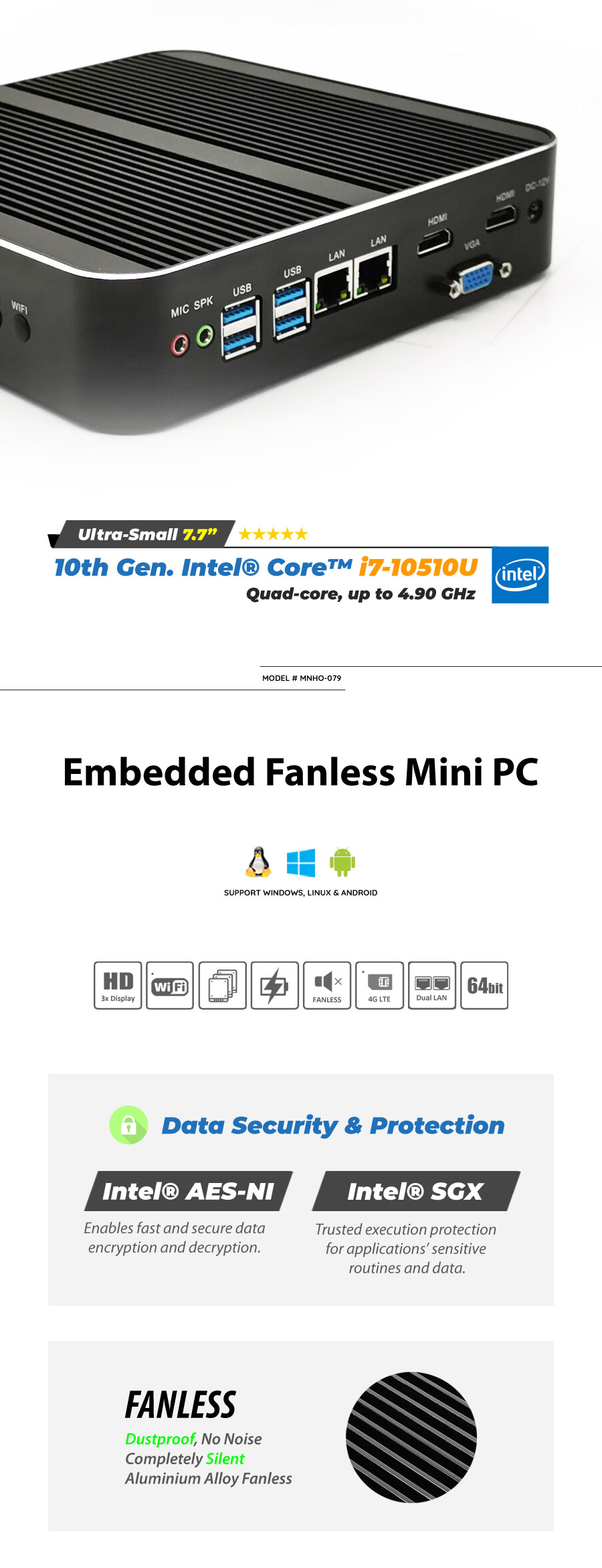 10th Gen. Intel® i7-10510U 2 LAN 3 Display Fanless Mini PC - MNHO-079 | Image