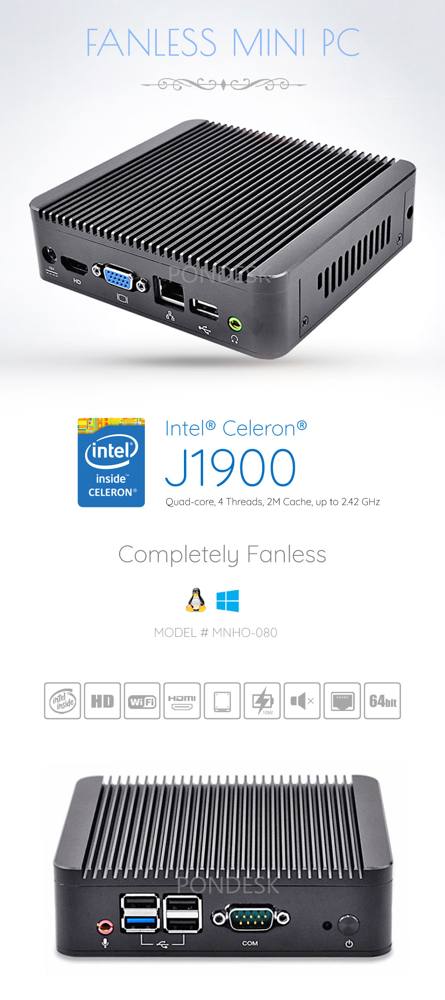 Intel® J1900 4 Core WiFi COM HD Dual Display Fanless Mini PC - MNHO-080 | Image