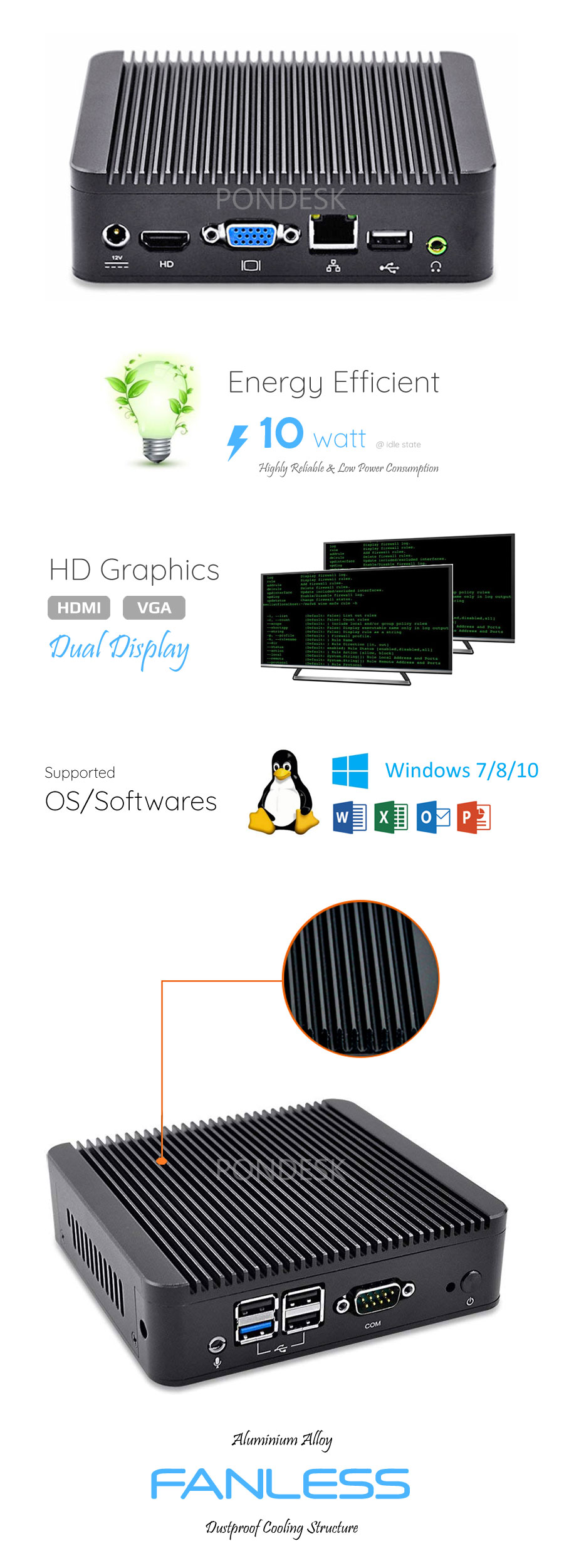 Intel® J1900 4 Core WiFi COM HD Dual Display Fanless Mini PC - MNHO-080 | Image