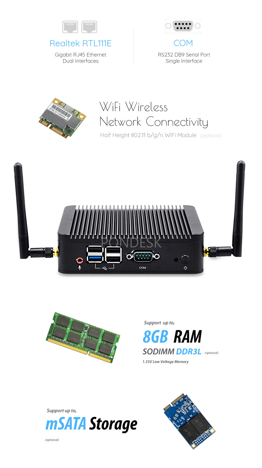 Intel® J1900 4 Core WiFi COM HD Dual Display Fanless Mini PC - MNHO-080 | Image