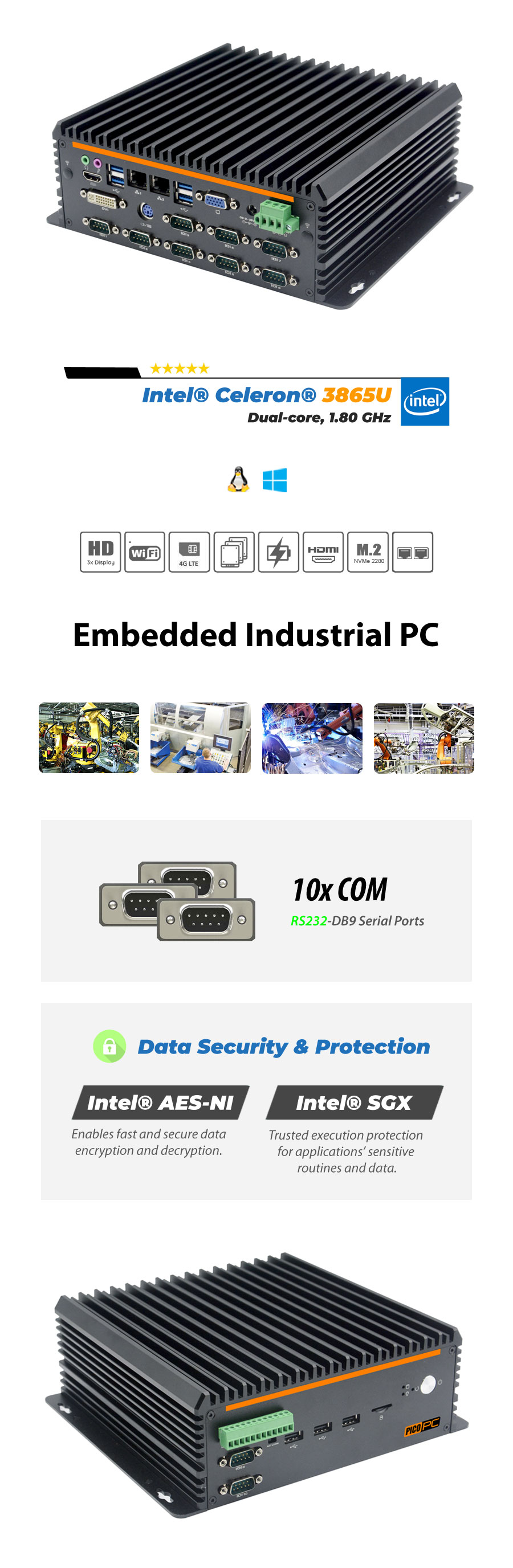 Intel® 3865U 2 LAN 10 COM GPIO Fanless Industrial Mini PC - MNHO-081 | Image