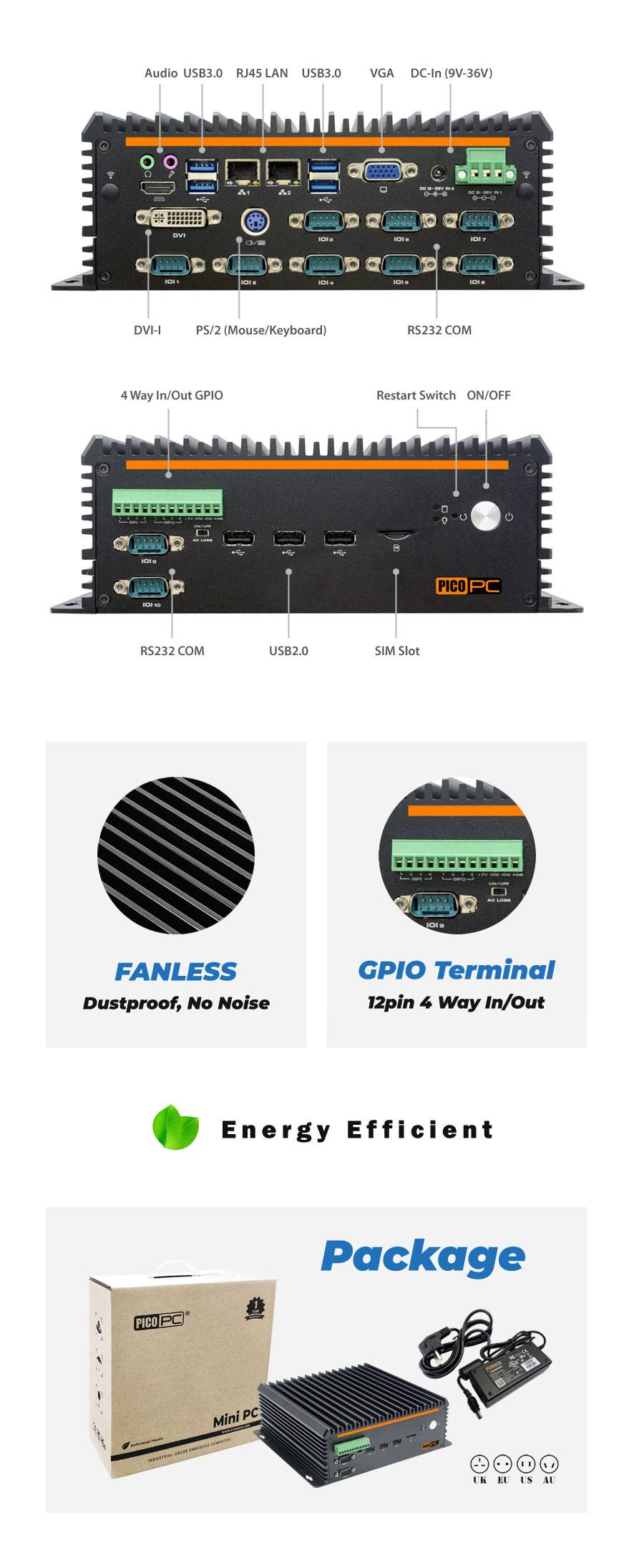 Intel® 3865U 2 LAN 10 COM GPIO Fanless Industrial Mini PC - MNHO-081 | Image