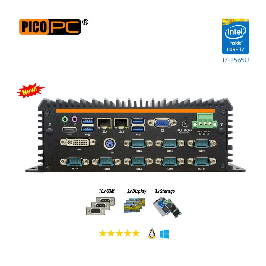 8th Gen. Intel® i7-8565U 10 COM Fanless Industrial Mini PC