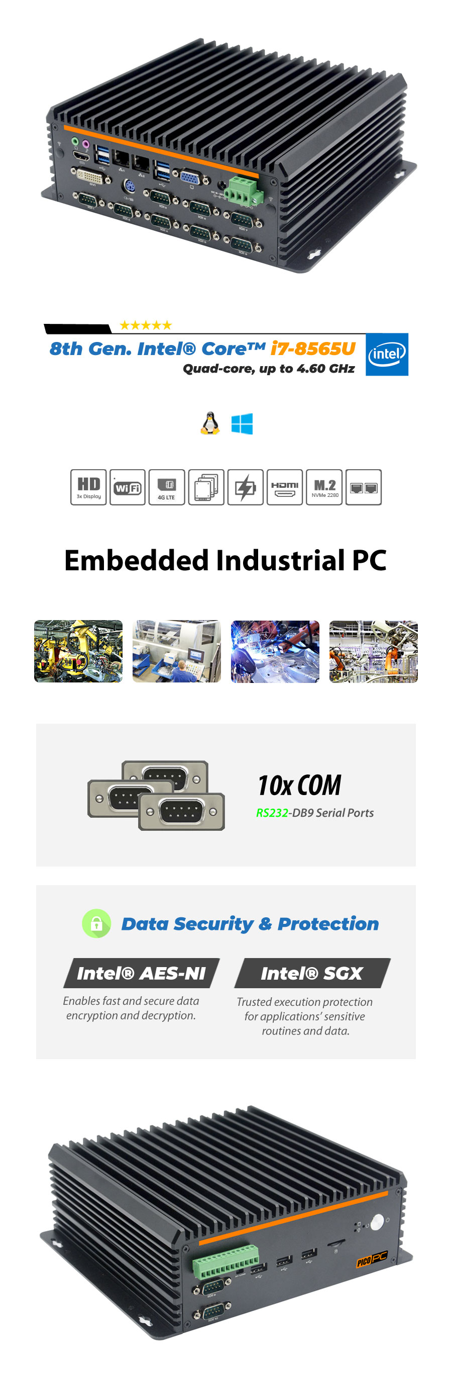 8th Gen. Intel® I7-8565U 10 COM Fanless Industrial Mini PC