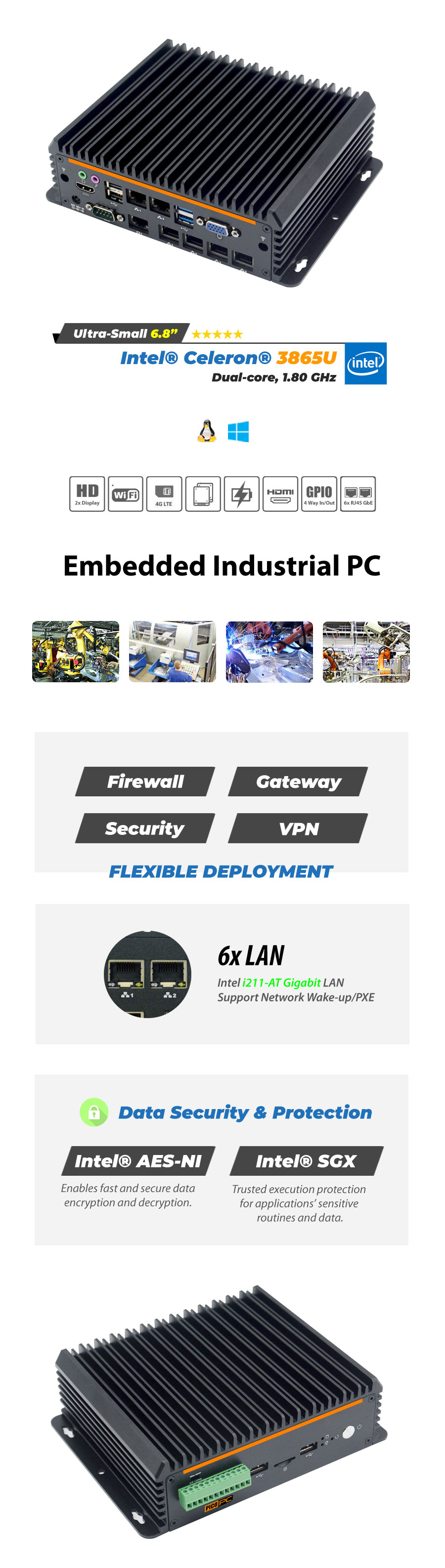 Intel® 3865U 6 LAN 4G Fanless Security Gateway Appliance - MNHO-083 | Image