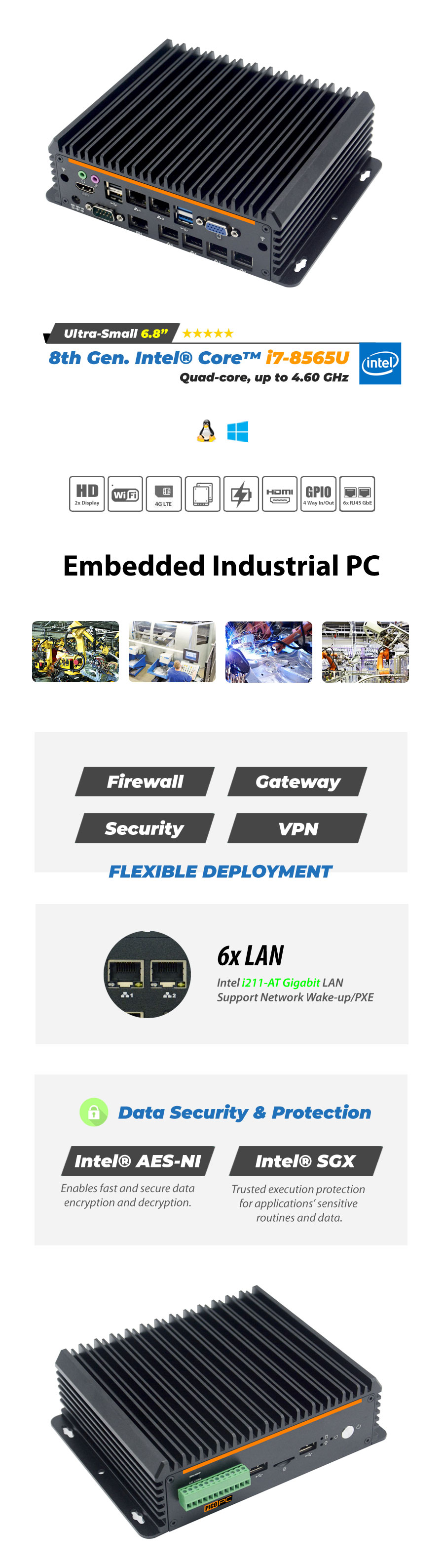 Intel® i7-8565U 6 LAN 4G Fanless Security Gateway Appliance - MNHO-084 | Image