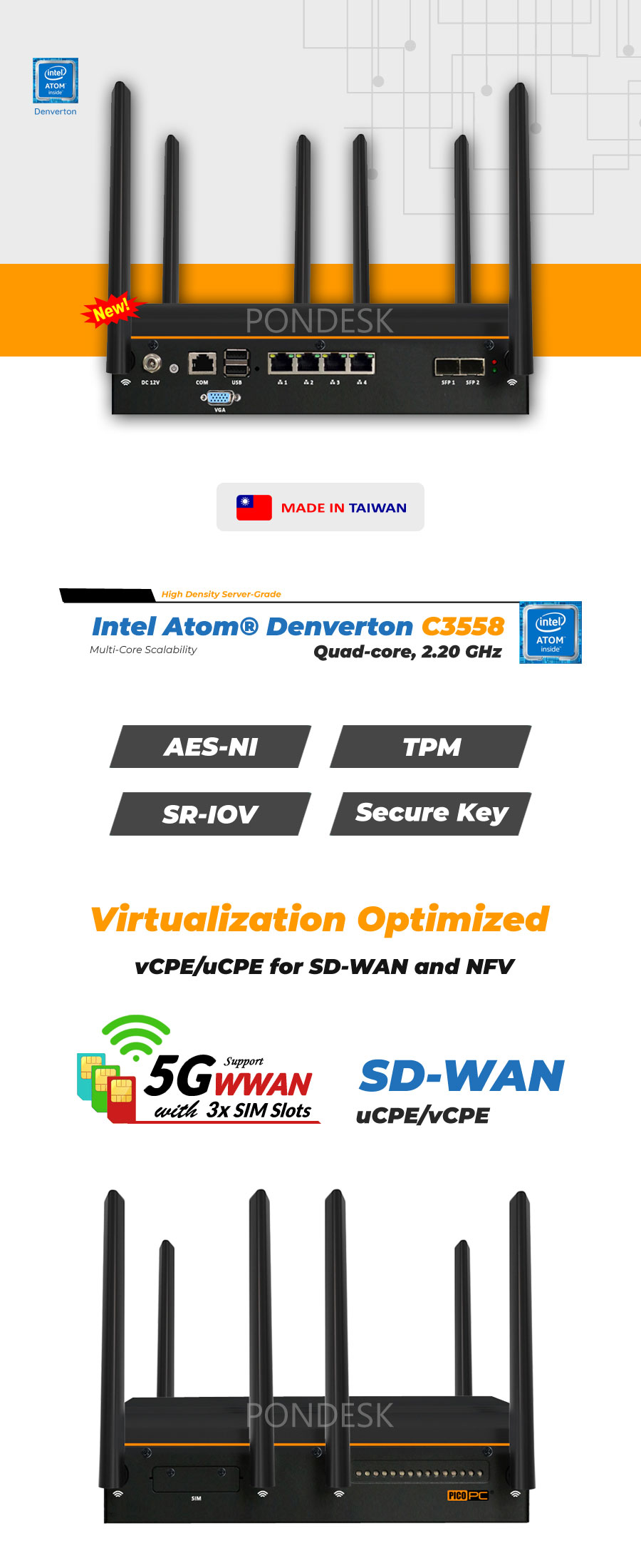 Intel Atom® Denverton C3558 4 LAN 2 SFP uCPE/vCPE 5G SD-WAN NFV Fanless Appliance - MNHO-091 | Image