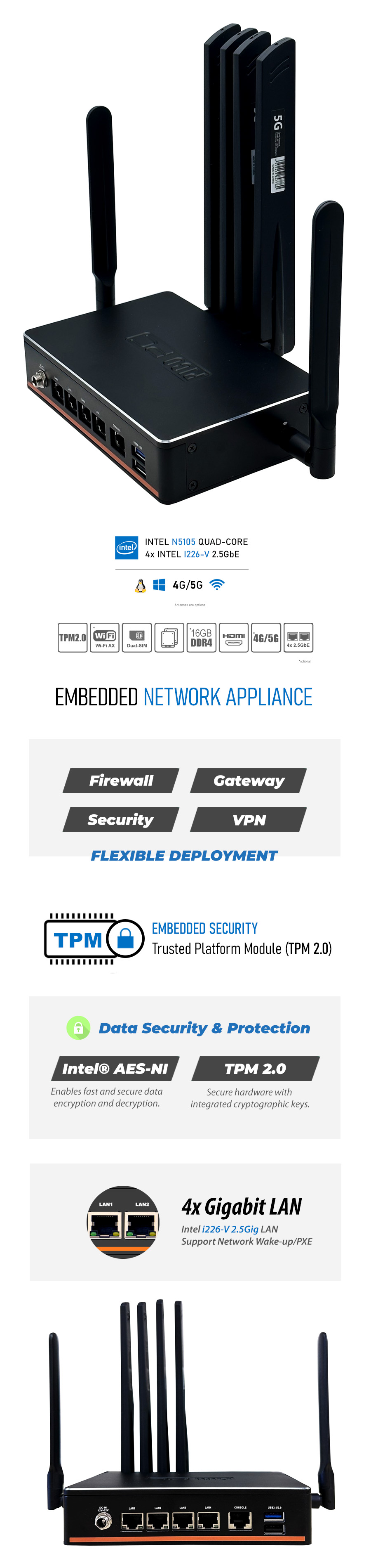 Intel N5105 4 LAN 2.5GbE 5G CPE Fanless Network Appliance SD-WAN Security Gateway with TPM - MNHO-095 | Image