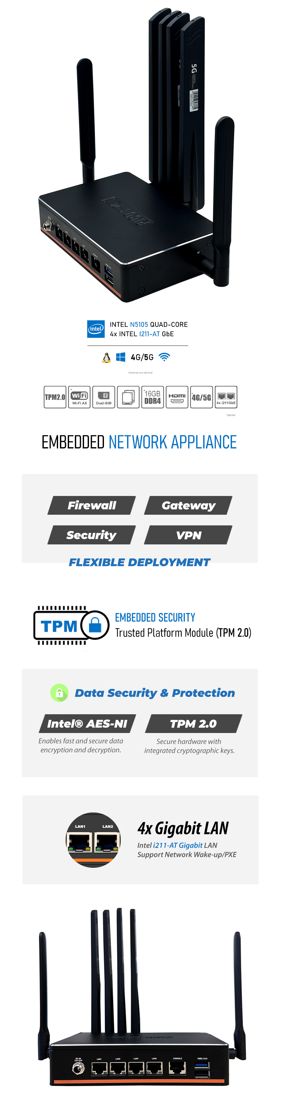 Intel® N5105 4 LAN i211 5G CPE Fanless Network Appliance SD-WAN Security Gateway with TPM - MNHO-096 | Image