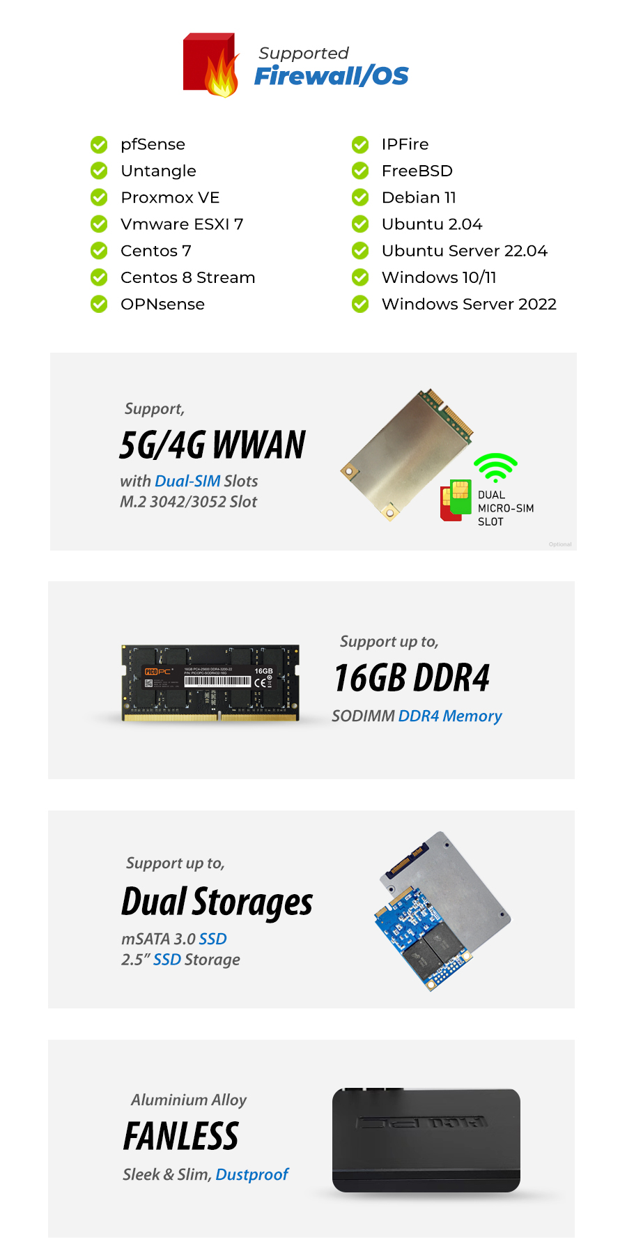 Intel® N5105 4 LAN i211 5G CPE Fanless Network Appliance SD-WAN Security Gateway with TPM - MNHO-096 | Image