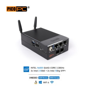 PICOPC® Firewall Router Intel N6005 16GB/128GB 3x2.5GbE WiFi6 Dual Intel® 10Gig SFP+ Fiber-MNHO-113