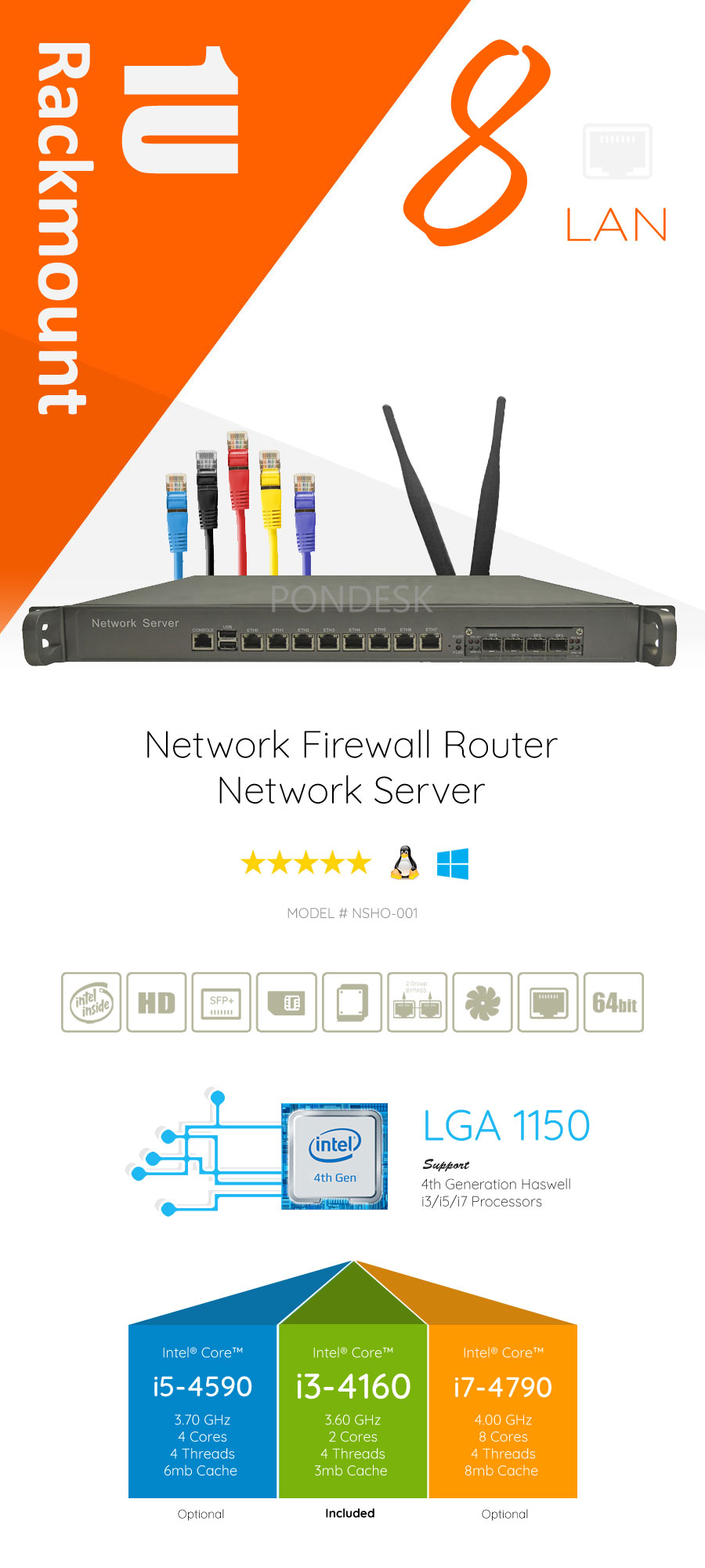 8 LAN 10Gig Fiber SFP+ 4G NGFW Firewall 1U Rackmount Server - NSHO-001 | Image