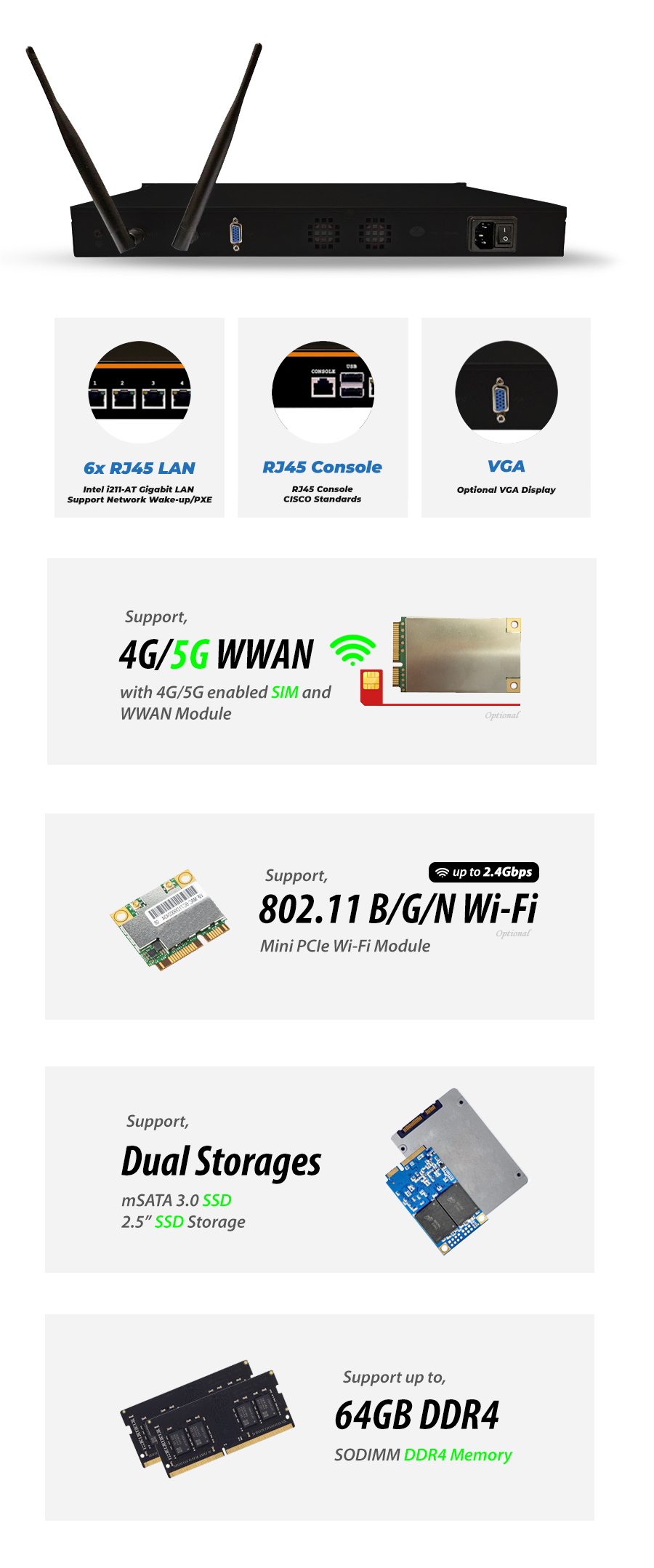 Intel 3855U 6 LAN 1 COM WiFi 4G Firewall 1U Rackmount Server - NSHO-002 | Image