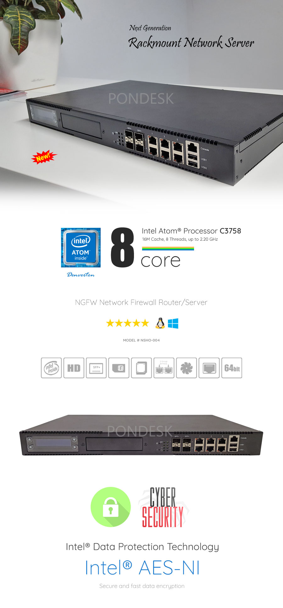 Intel Atom C3758 8 Core 6 LAN 10Gig SFP+ 1U Rackmount Server - NSHO-004 | Image