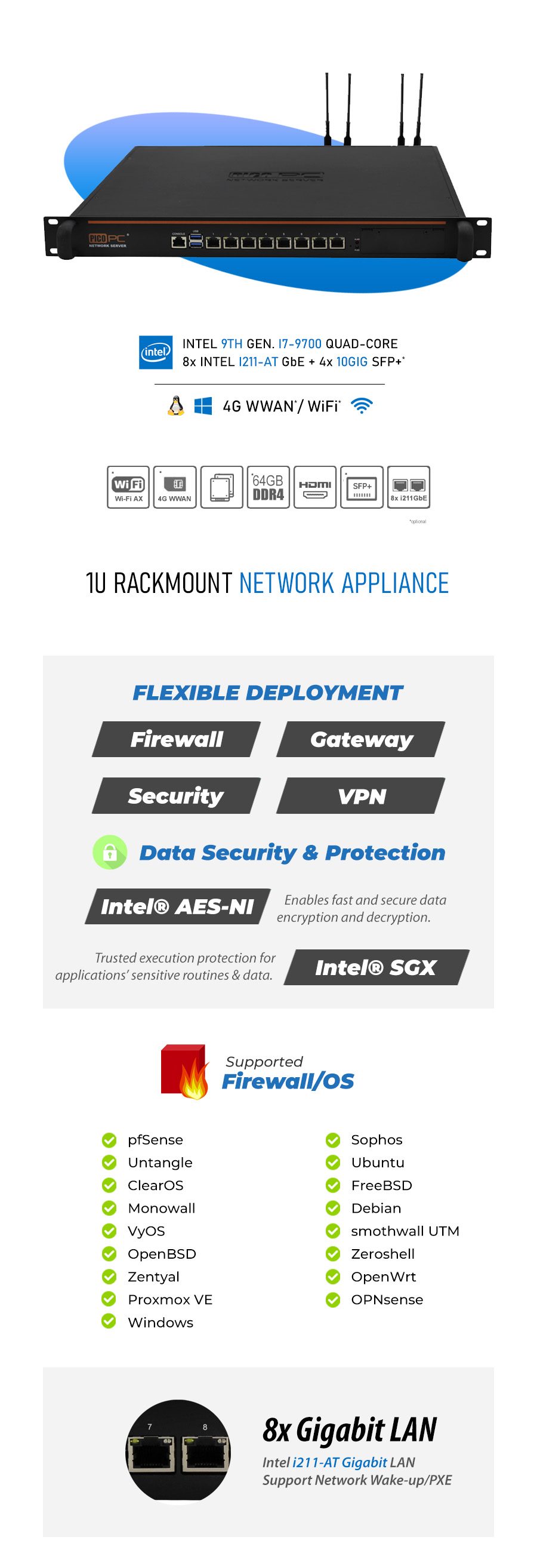 Intel® Core™ i7-9700 8 LAN 4 10Gig SFP+ 4G 1U Rackmount Server SD-WAN Network Appliance - NSHO-005 | Image