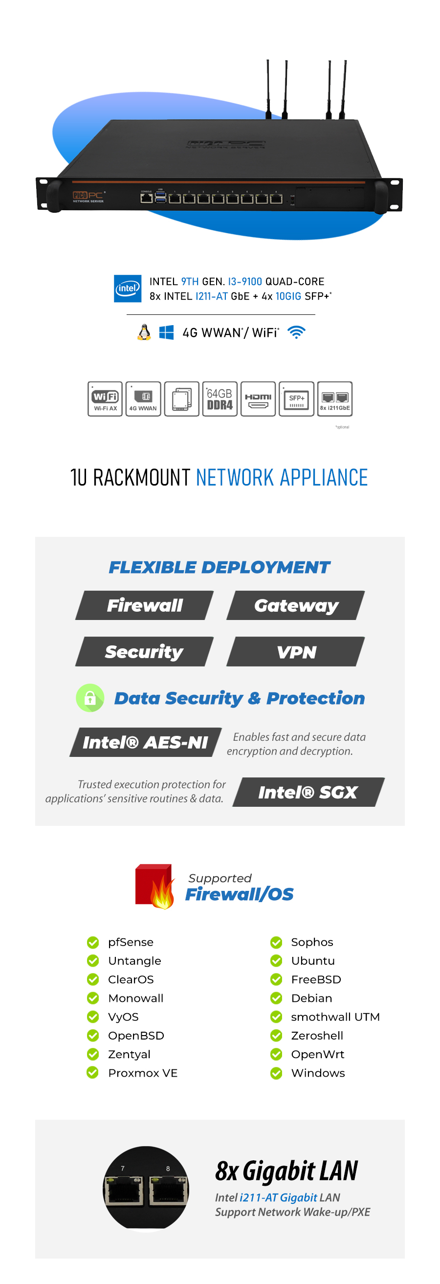 Intel® Core™ i3-9100 8 LAN 4 10Gig SFP+ 4G 1U Rackmount Server SD-WAN Network Appliance - NSHO-007 | Image