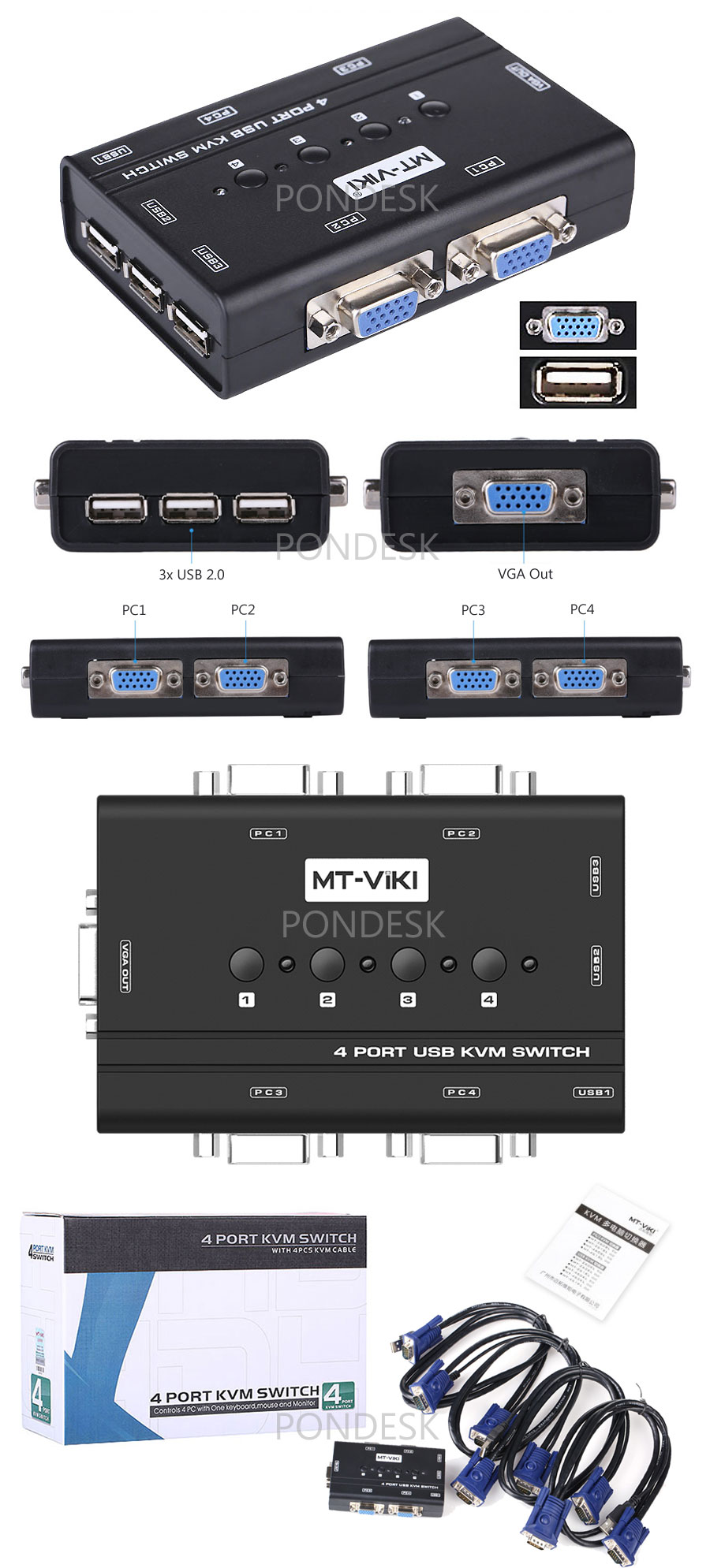 MT-460KL 4 Computers Manual VGA KVM Switch Box With Cables - ORHO-005 | Image