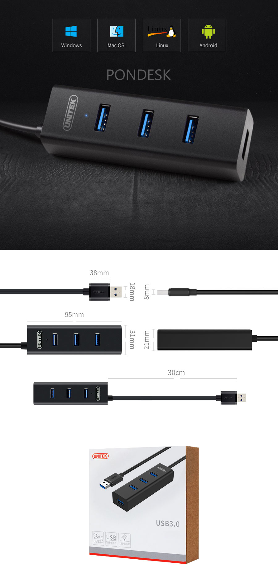 UNITEK High Speed 4 Ports USB 3.0 HUB Splitter with Cable - ORHO-010 | Image