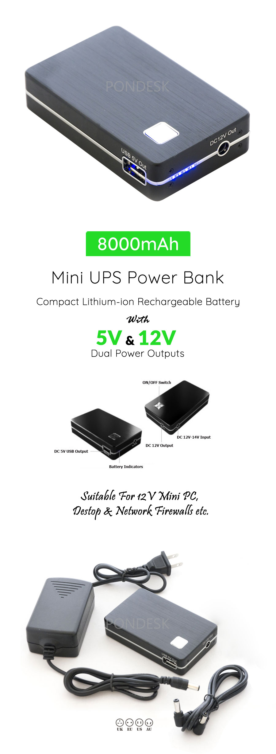 DC 12V 5V Compact Rechargeable 8000mAh Mini UPS Power Bank - PBEL-003 | Image